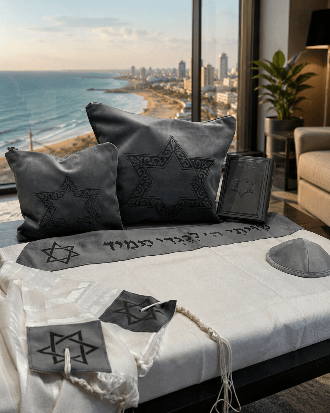 ערכת פרמיום לחתן - מגן דוד אפור בהיר מעוטר 