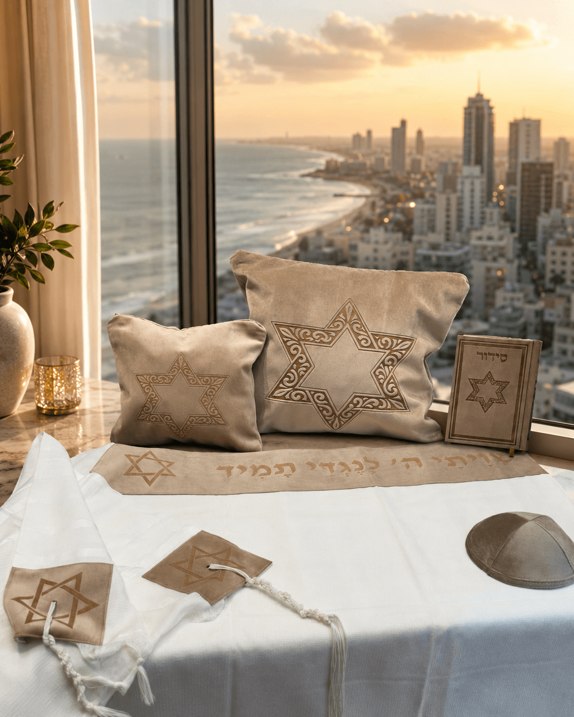 ערכת פרמיום לחתן - מגן דוד חום בהיר מעוטר  