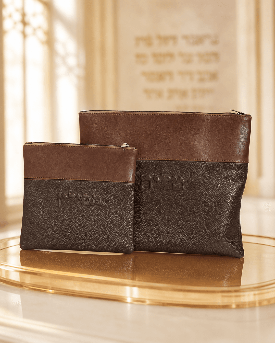 כיסוי טלית תפילין מעור - חום כולל רצועה