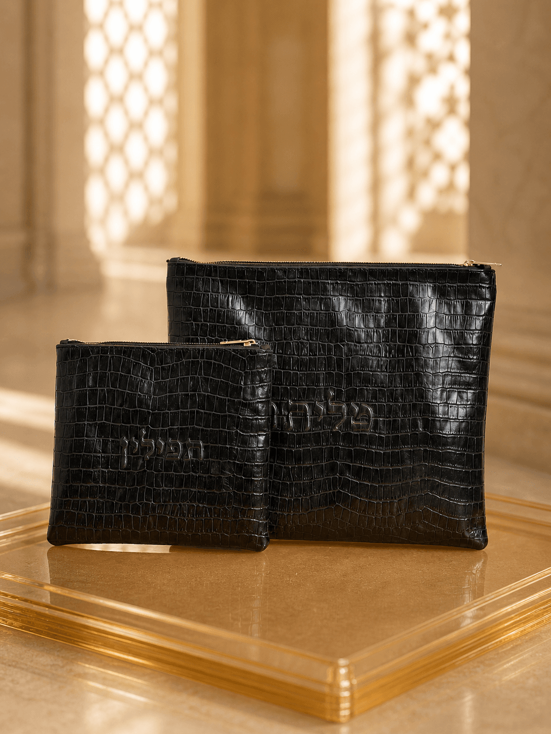 כיסוי טלית תפילין מעור - שחור מבריק דגם תנין