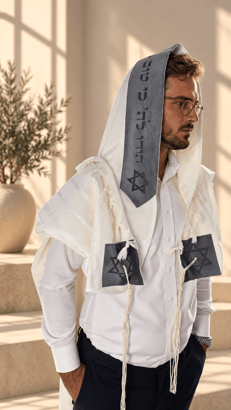 טלית עם עטרה בצבע אפור עכבר